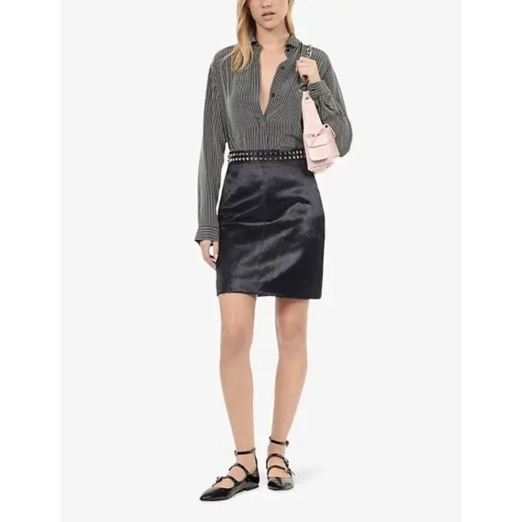 The Kooples Stud-Embellished Textured Leather Mini Skirt Black Size 3 Nwt
